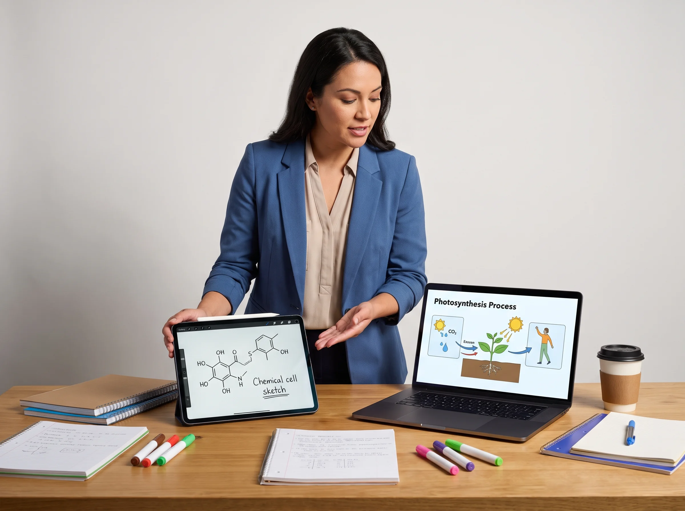 Science educator comparing a chemical structure sketch with an explanatory science figure workflow