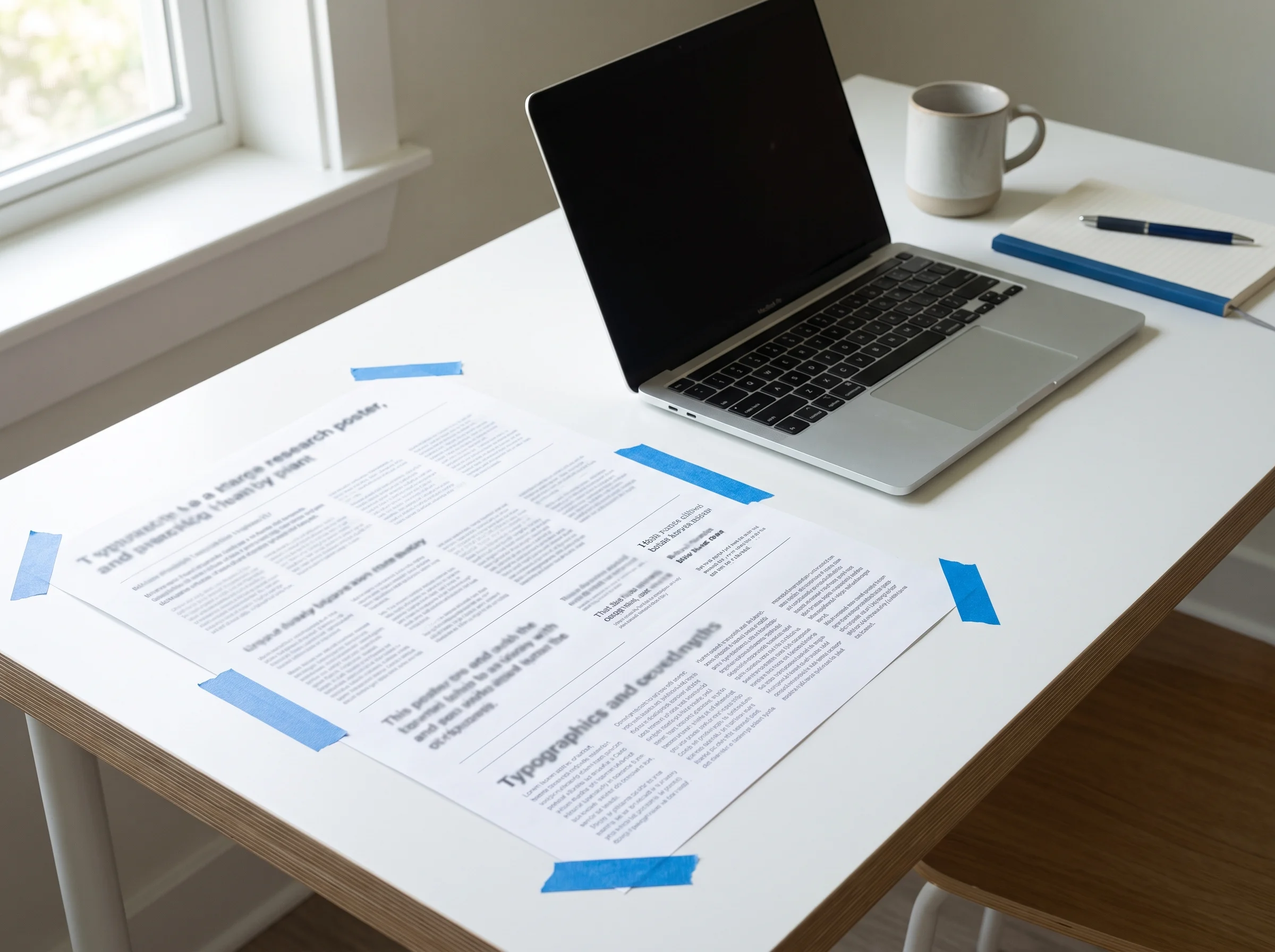 Printed A1 poster font size test strips beside a laptop