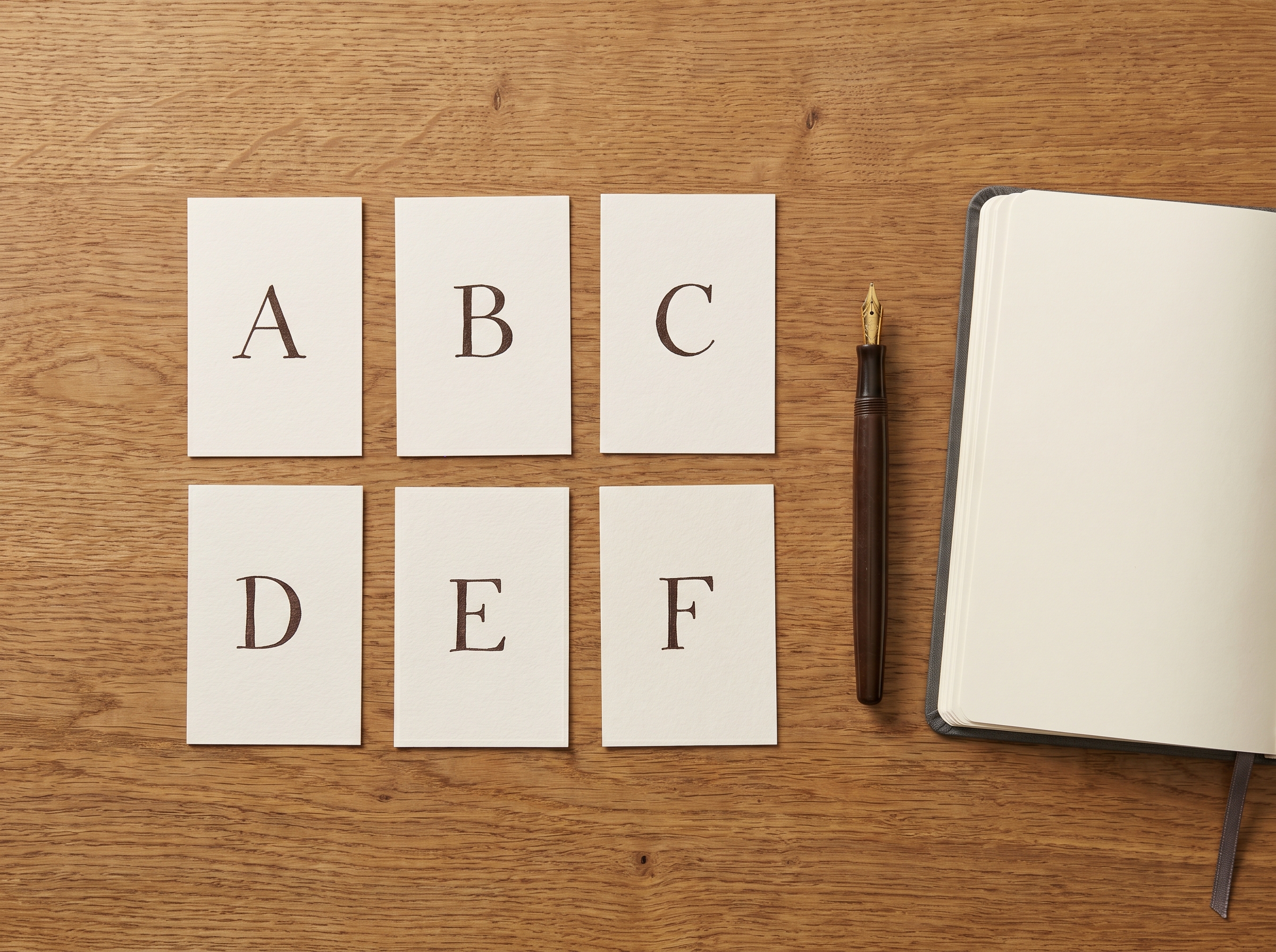 Six paper panels labeled A through F arranged on a wooden desk next to a fountain pen and notebook, illustrating the panel-as-sentence composition framework