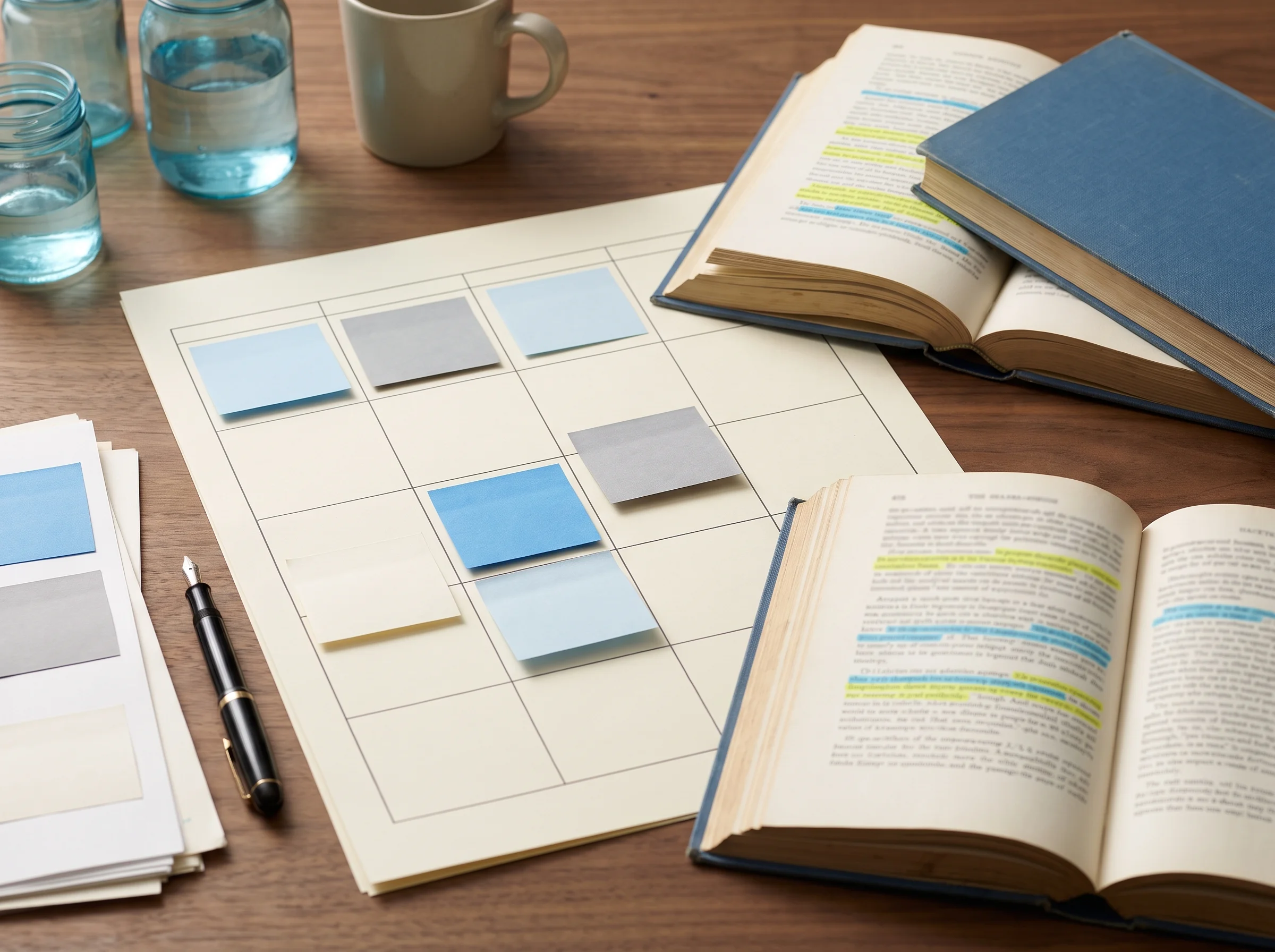 Research notes organized with highlights, sticky notes, and a blank term-planning grid