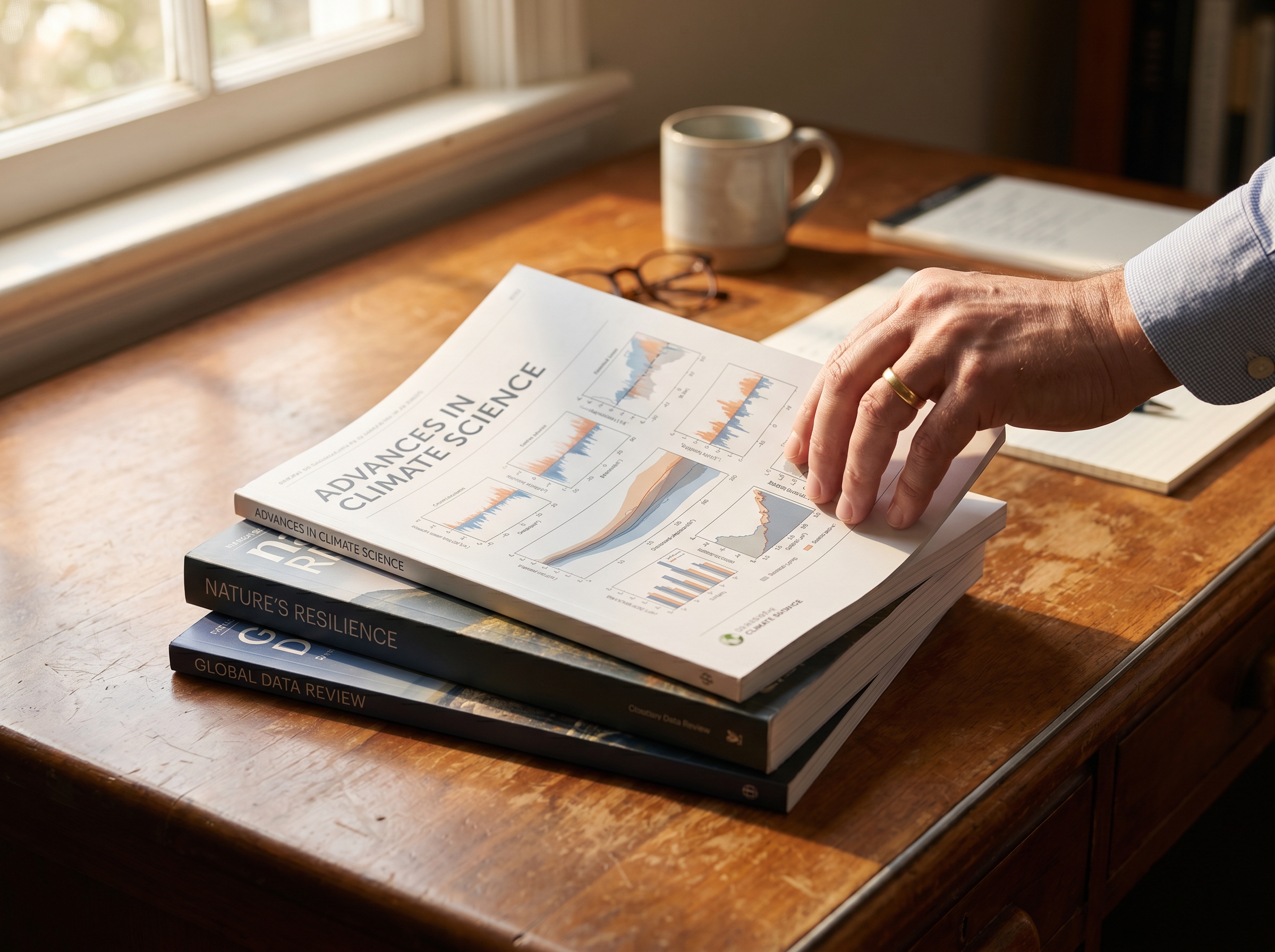 Stack of recent Nature Science and Cell journals on a wooden desk showing muted-palette data figures
