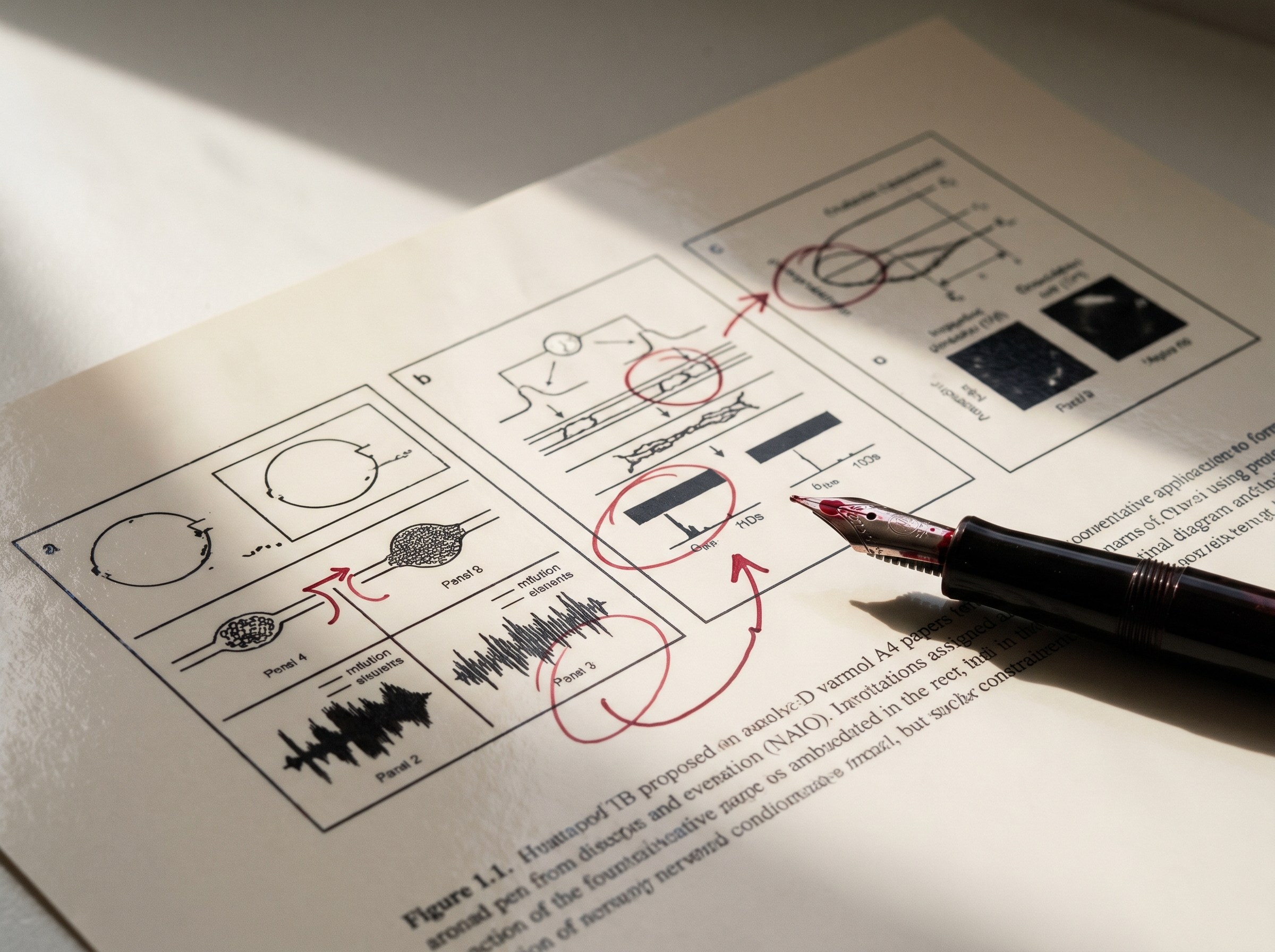 Close-up of a multi-panel scientific figure printed on glossy paper with red pen annotations circling several panels