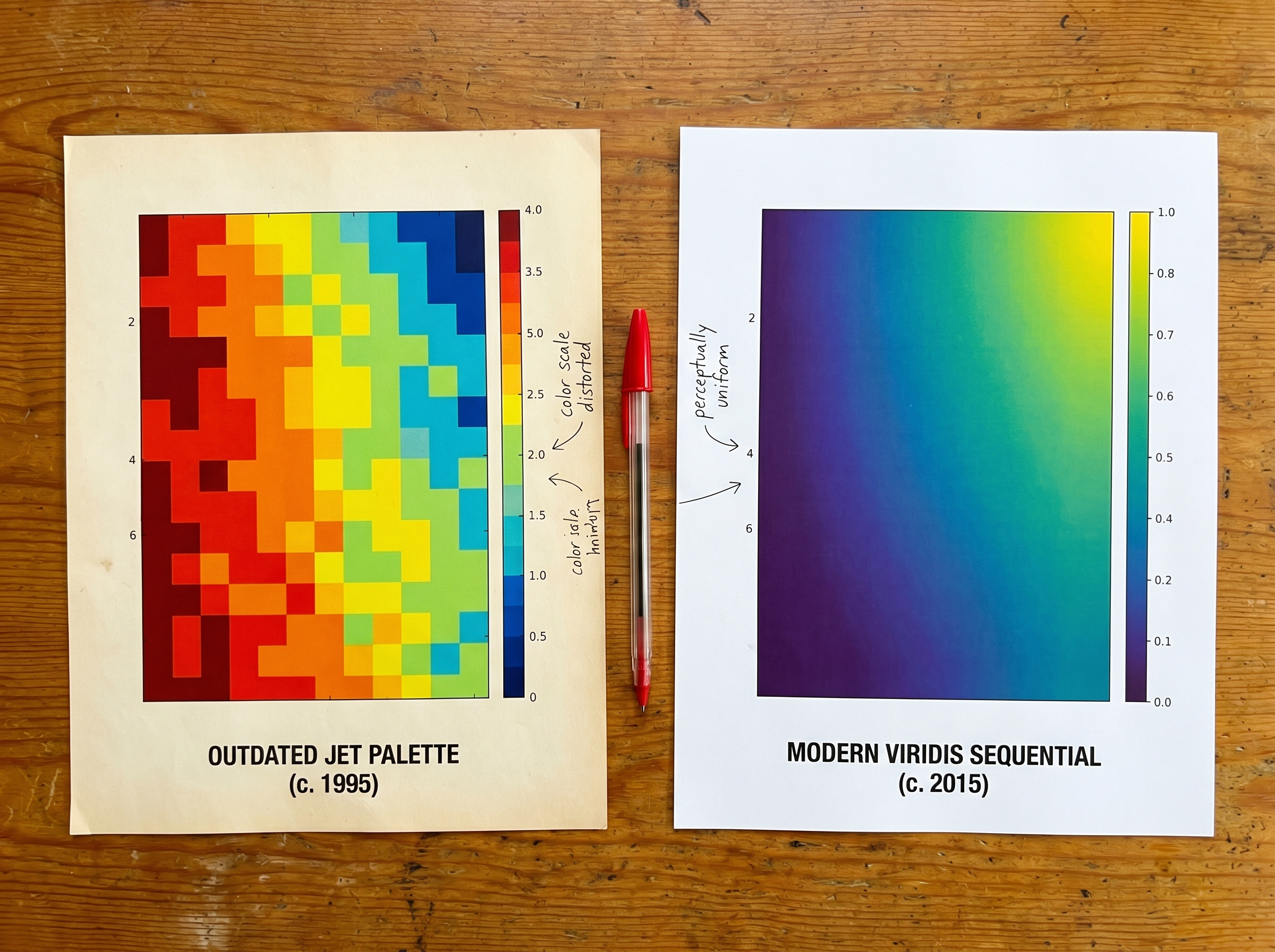 Side-by-side comparison of an outdated jet rainbow heatmap and a modern Viridis heatmap on a wooden desk