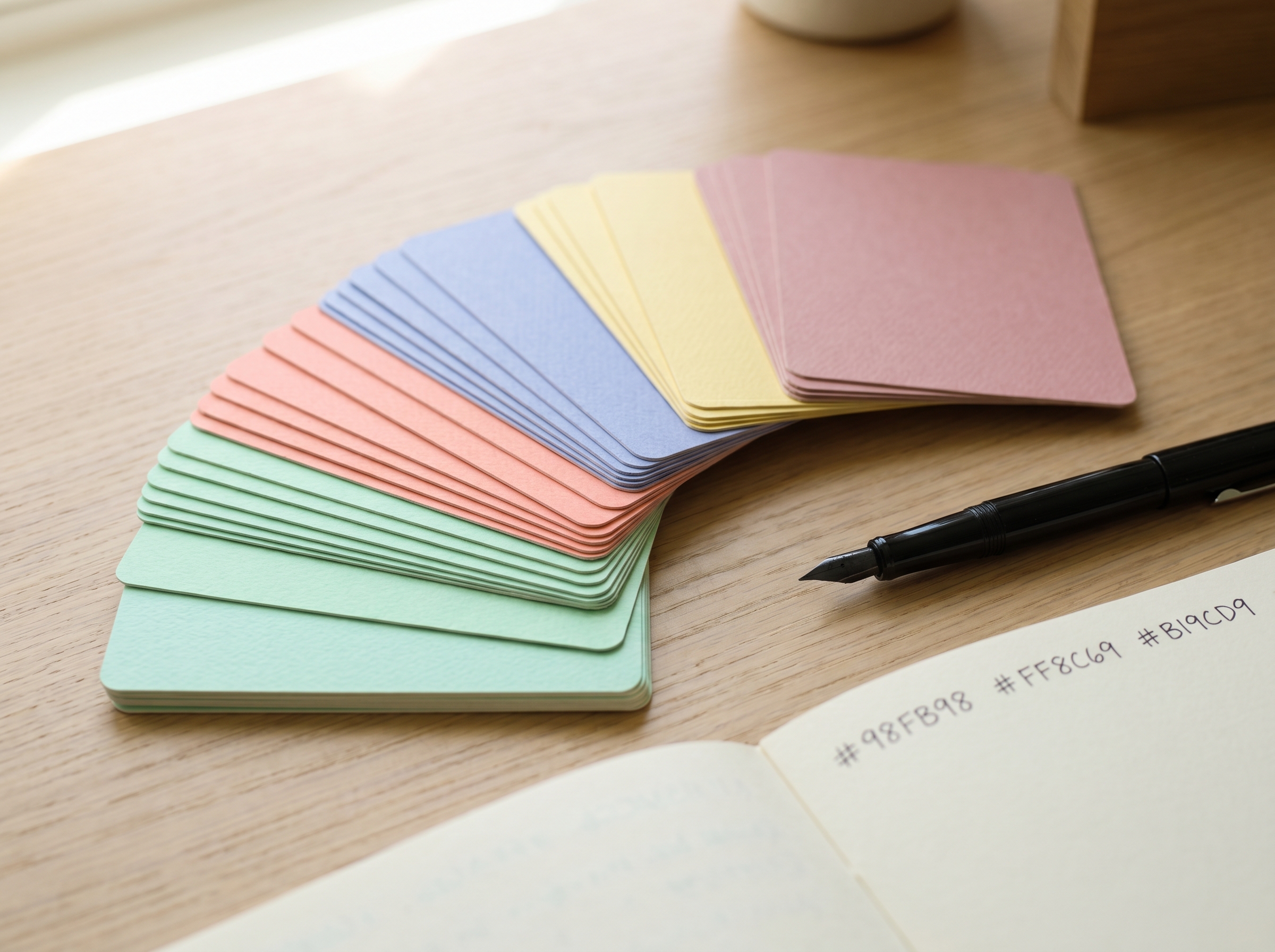 Fan of pastel color swatch cards on a designer's desk with handwritten ColorBrewer Set2 hex codes