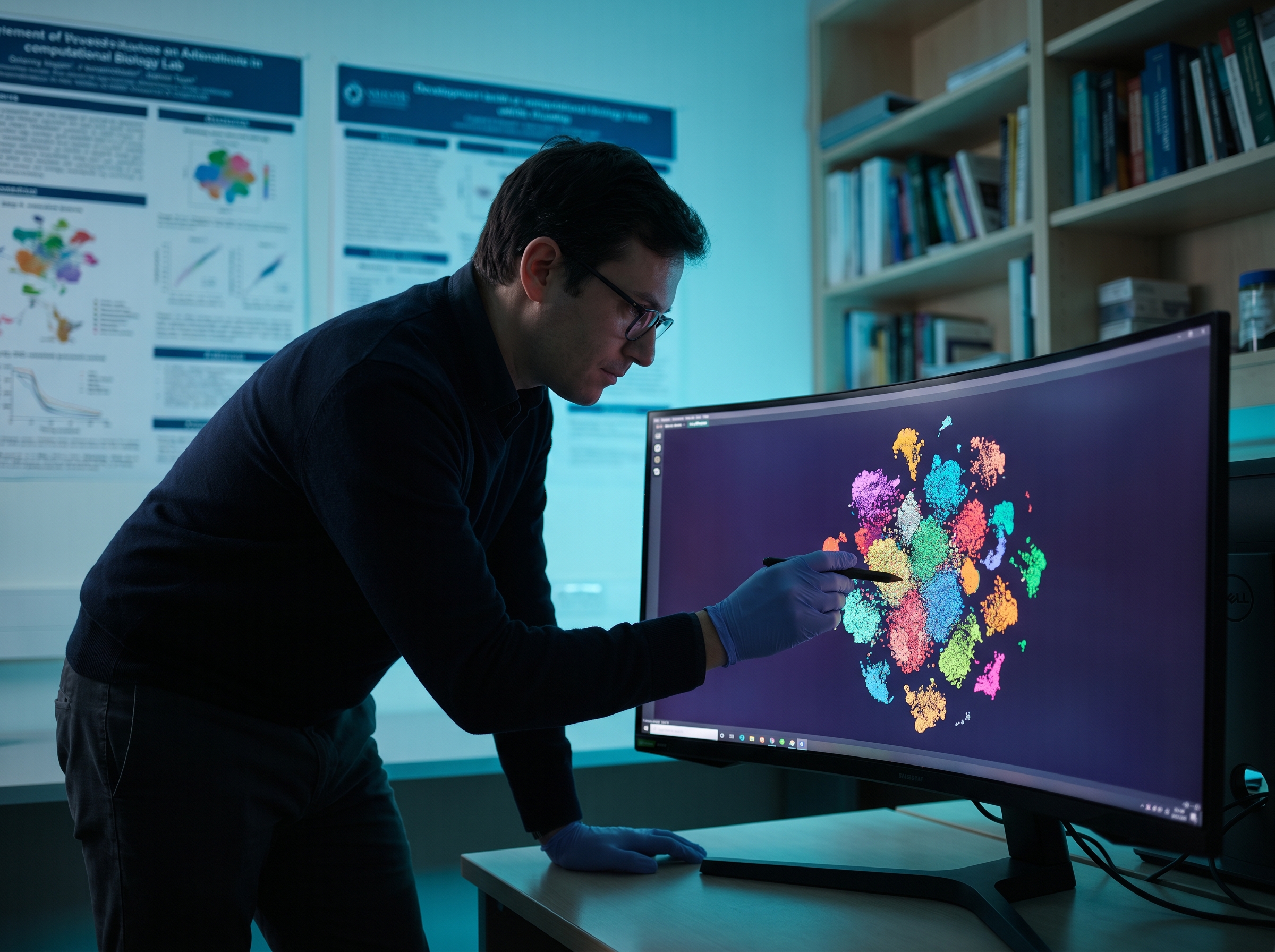 Researcher pointing at a tSNE cluster plot with 30 plus distinct color clusters on a 4K monitor