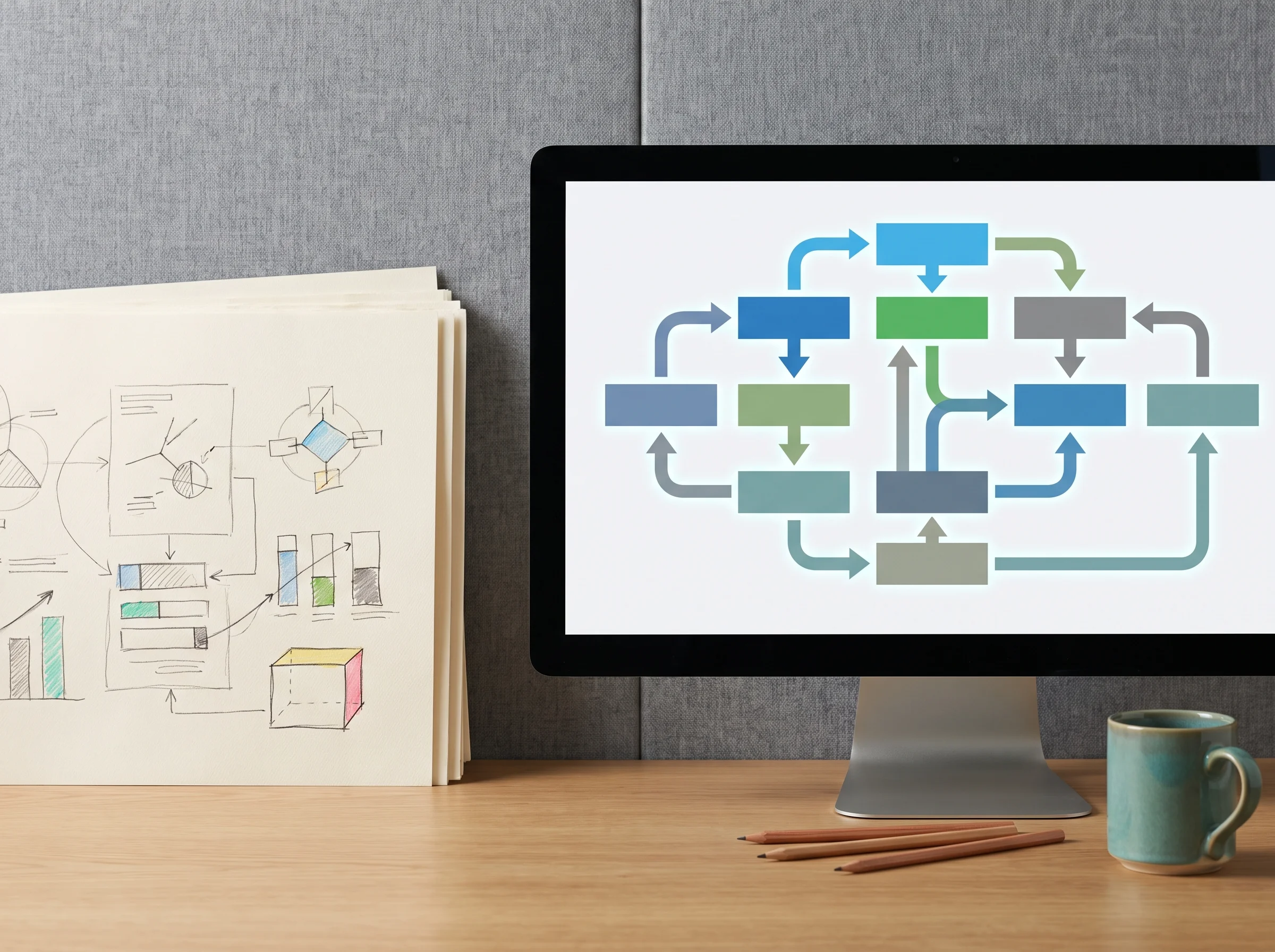 Research workspace comparing rough diagram notes with a polished digital scientific figure
