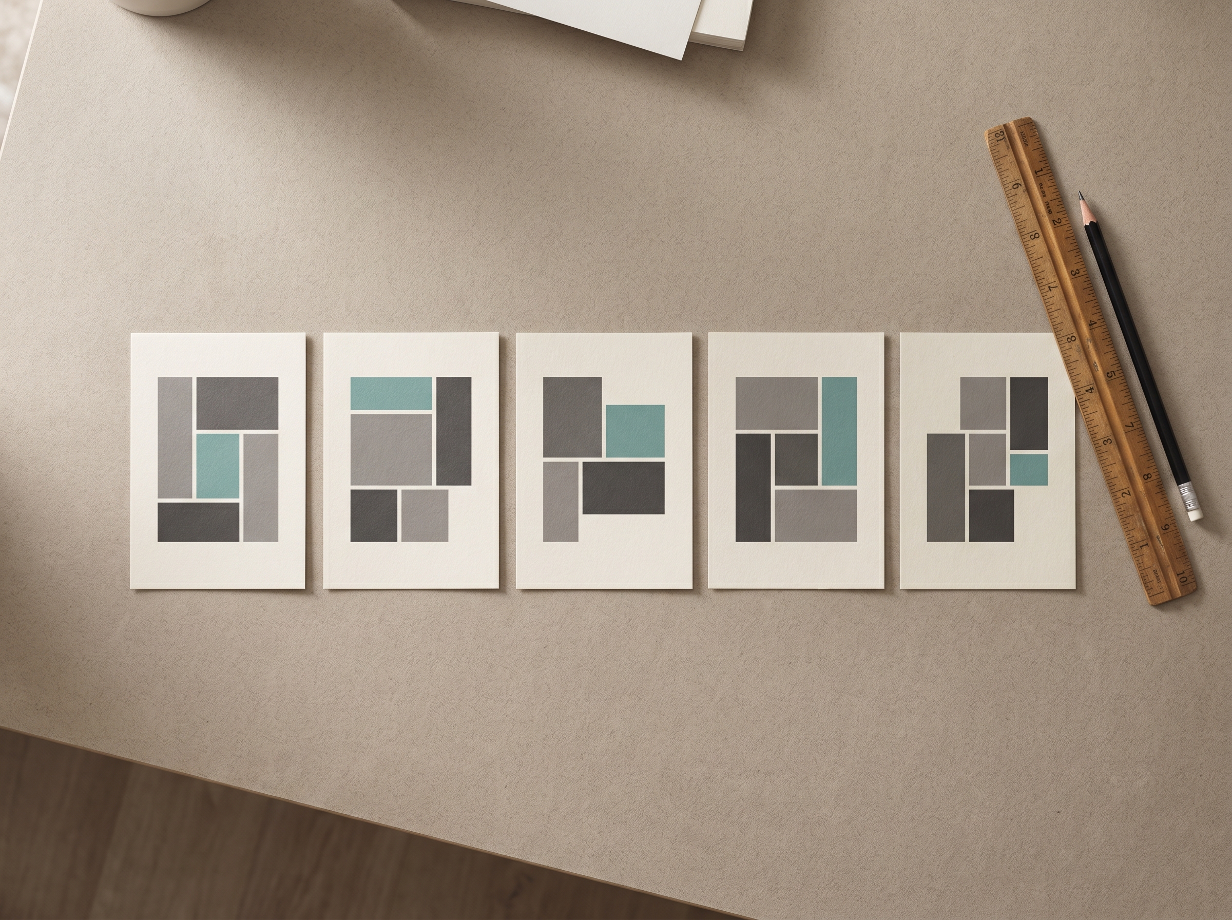Five small printed mock figure layouts arranged in a row on cream paper, each showing a different multi-panel arrangement of grey rectangles next to a wooden ruler and pencil